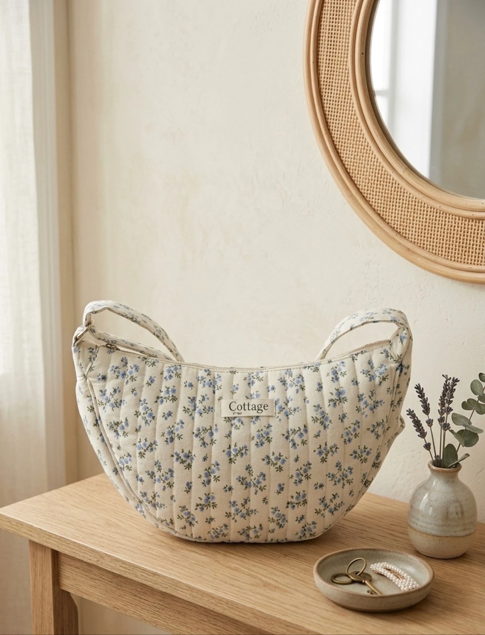Sac Lune 100% Coton Matelassé Collection Cottage & Bag / Modèle Bouquets Bleu